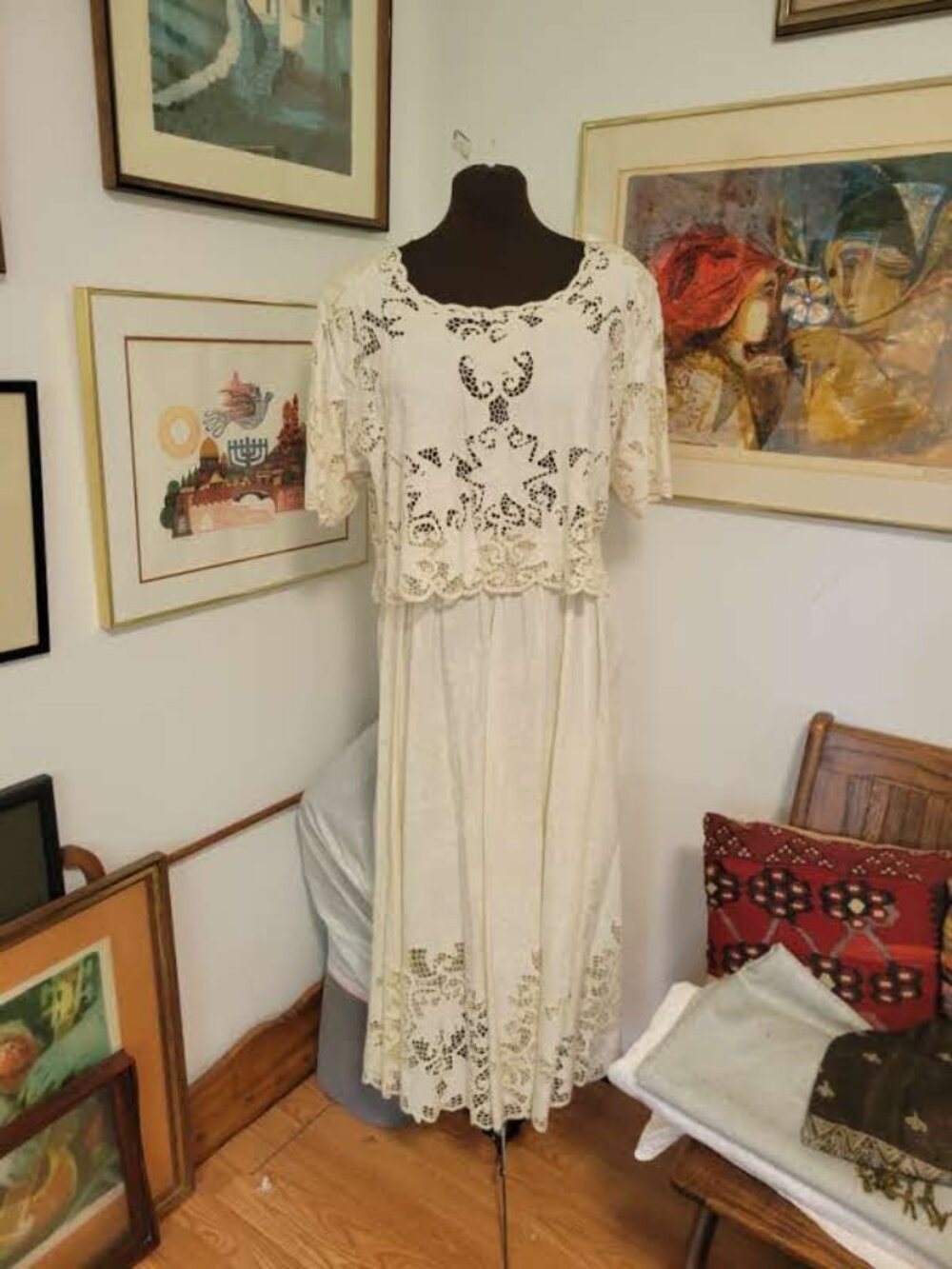 Vintage 80's Rayon  Boho Hippie Cut Out Lace Cropped Top and Full Skirt